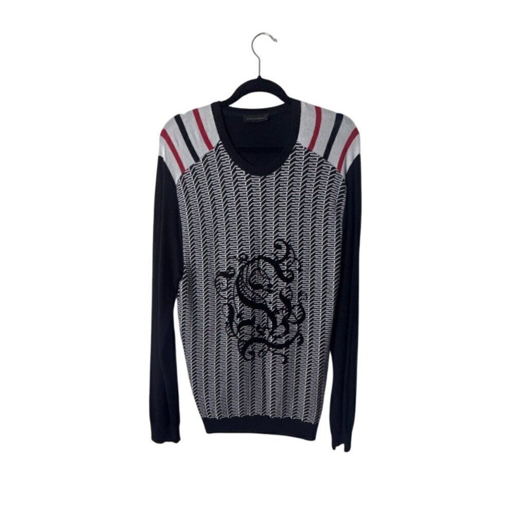 Striped Pullover Sweater With Dragon Pattern For Men By Pulltonic - XL